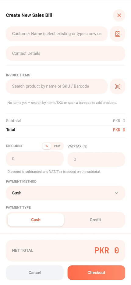 Create New Sales Bill — invoice creation with product search and barcode scan