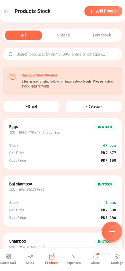 Products Stock — inventory list with categories, SKU, and stock levels