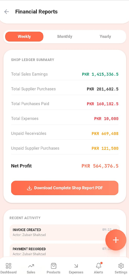 Financial Reports — weekly, monthly, and yearly report with charts